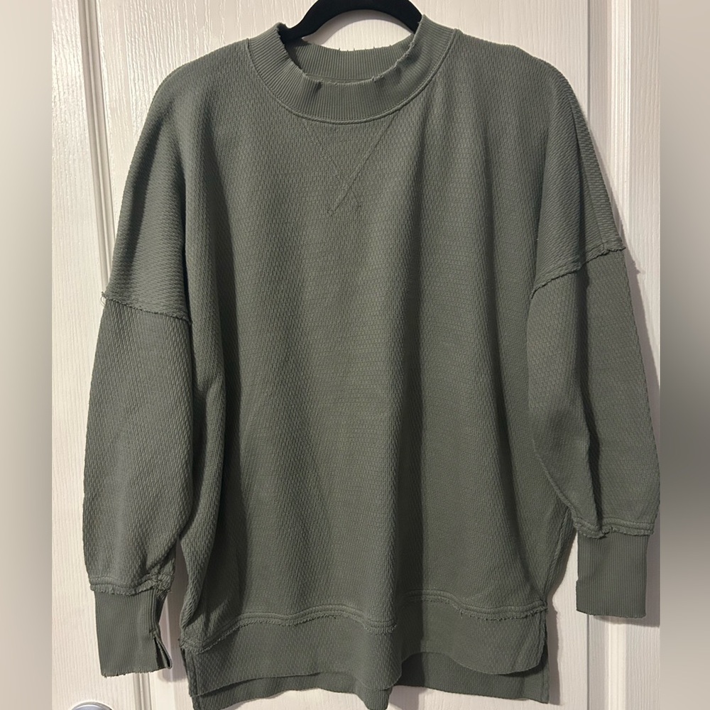 aerie the happiest textured oversized crewneck olive Green Waffle Knit Sweater